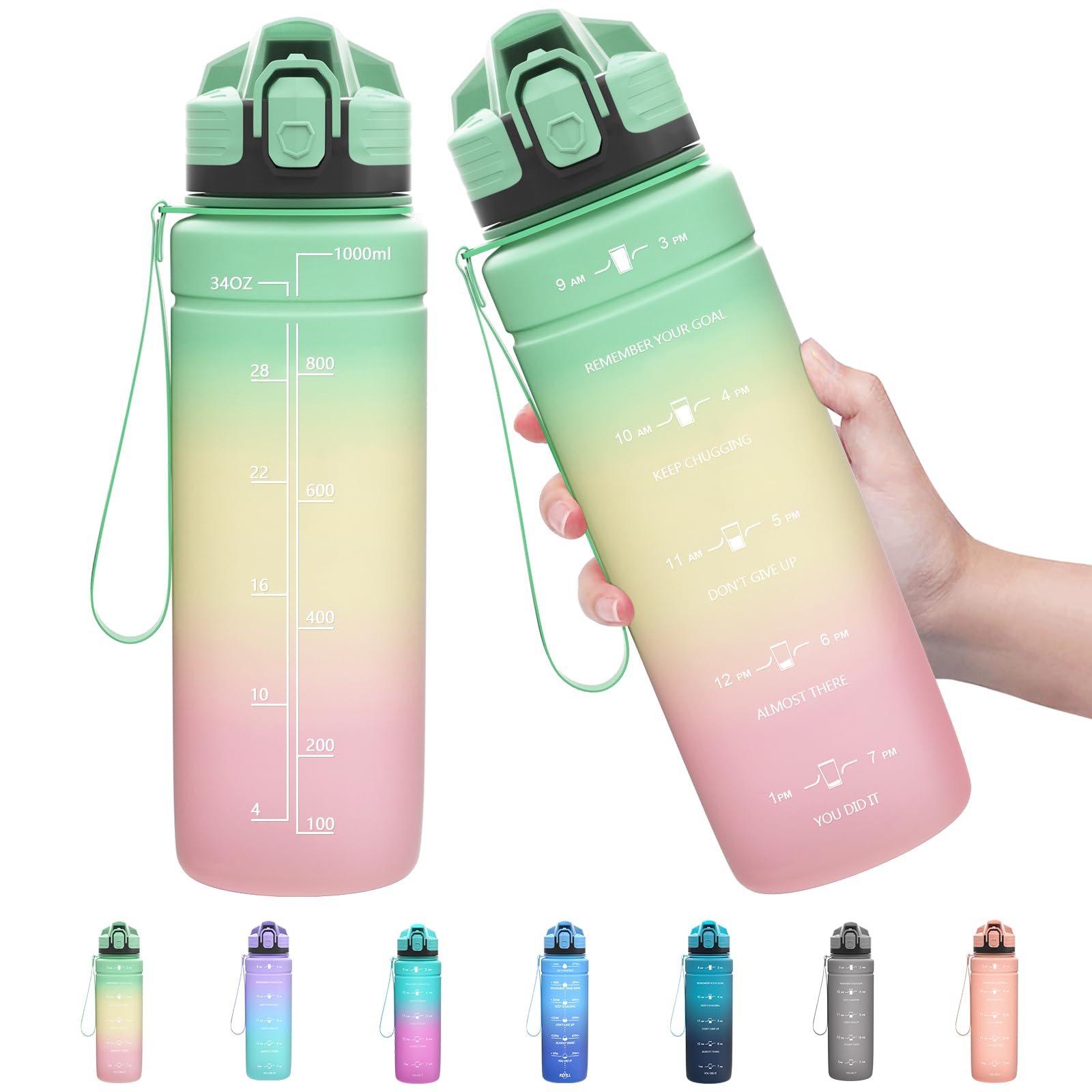 Zounich Sports Water Bottle Kids with Times to Drink Leakproof 1L / 700ml / 500ml 1Litre Drink Bottles BPA Free Motivational Adults, Gym, School, Running, Travel, Girls, Boys Filter Reusable — image 1