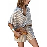 Lomehue Women Striped 2 Piece Set Oversized Half Sleeves Button Down Shirt and Drawstring Shorts Summer Vacation Outfits
