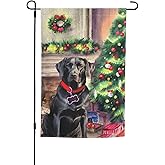 Merry Christmas Fireplace Black Labrador Lab Dog Retriever Garden Flag 12x18 Inch Double Sided Vertical Decoration Yard Small Flag For Outside Holiday Seasonal Outdoor