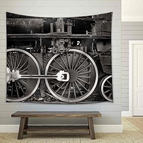 Old Locomotive Wheel Detail in Warm Black and White - Fabric Wall Tapestry Home Decor - 51x60 inches
