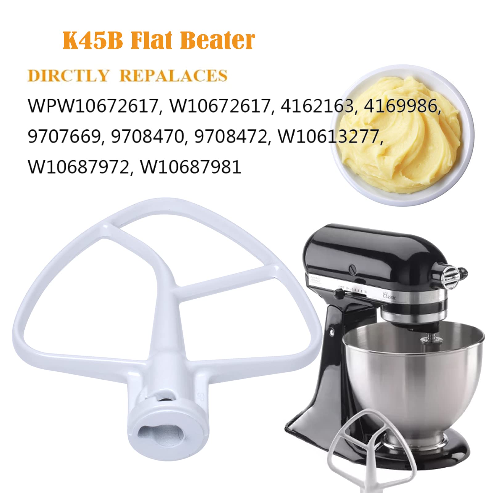 K45B Flat Beater Replacement for Kitchenaid Stand Mixer, 4.5 QT Coated Beater Mixer Fits KSM90, KSM100, KSM110, KSM120, KSM150, KSM160 Series Mixer