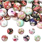 PONABEADIY 15MM 56PCS Printed Silicone Beads witn Holes Colorful Focal Round Flower Pattern Soft Charms Loose Spacer Ball Bead Bulk for Jewelry Making Keychains Bracelets Necklaces Diy Crafts Supplies