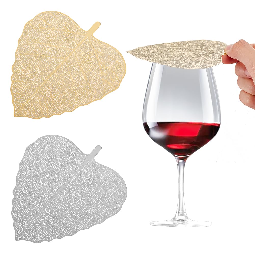 OLYCRAFT 4Pcs 2 Colors Leaf Stainless Steel Wine Glass Cover Hollow Leaf Wine Glass Lid Mesh Ventilated Leaf Cover Keeps Debris Insects Out Cup Wine Glass Cover for Beverage Cover Outdoors Ventilation