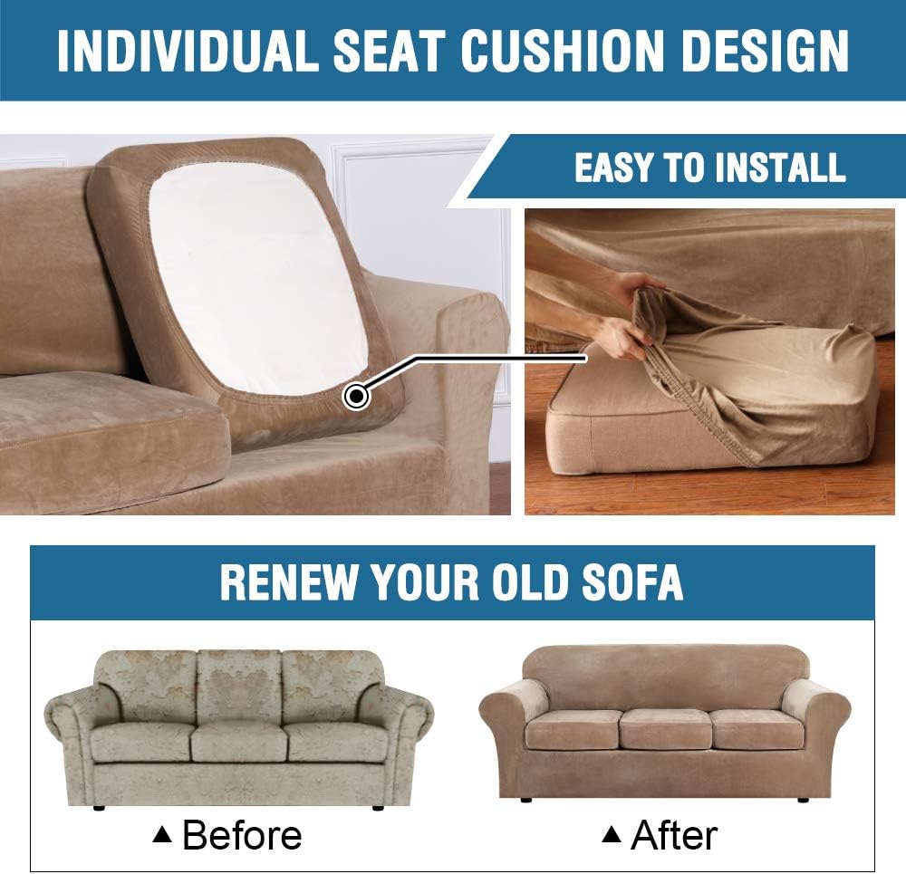 Rich Velvet Stretch 2 Piece Chair Cover Chair Slipcover Sofa Cover Furniture Protector Couch Soft with Elastic Bottom Chair Couch Cover with Arms, Machine Washable(Chair,Camel): Kitchen & Dining