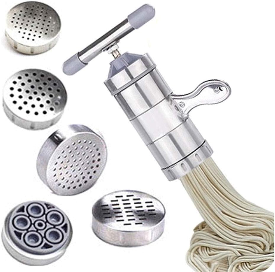FUWANG Stainless Steel Manual Noodles Press Machine Pasta Maker with 5 Noodle Mould, Crank Cutter Fruit Juicer, Suitable for Home, Small Restaurant
