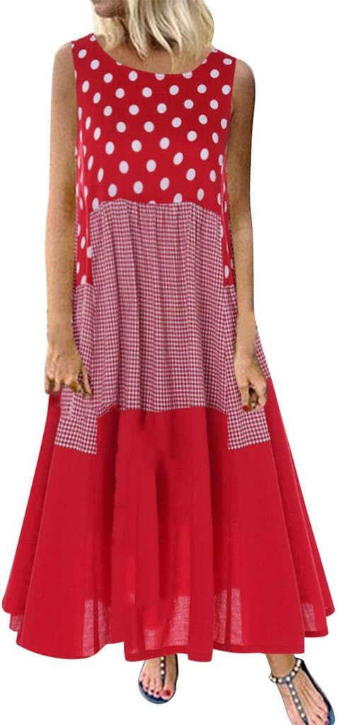 Kelry Womens Casual Loose Sleeveless Sundress O-Neck A-line Beach Summer Swing Tank Tunic Dress Plus Size Vintage Floral Printed Long Maxi Cotton Linen Dresses (S-5XL)