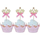 JeVenis 40 PCS Glittery Princess Cupcake Toppers Crown Cupcake Wrapper Crown Cupcake Toppers Baby Shower Cupcake Decorations for Birthday Baby Shower Party Decorations Supplies