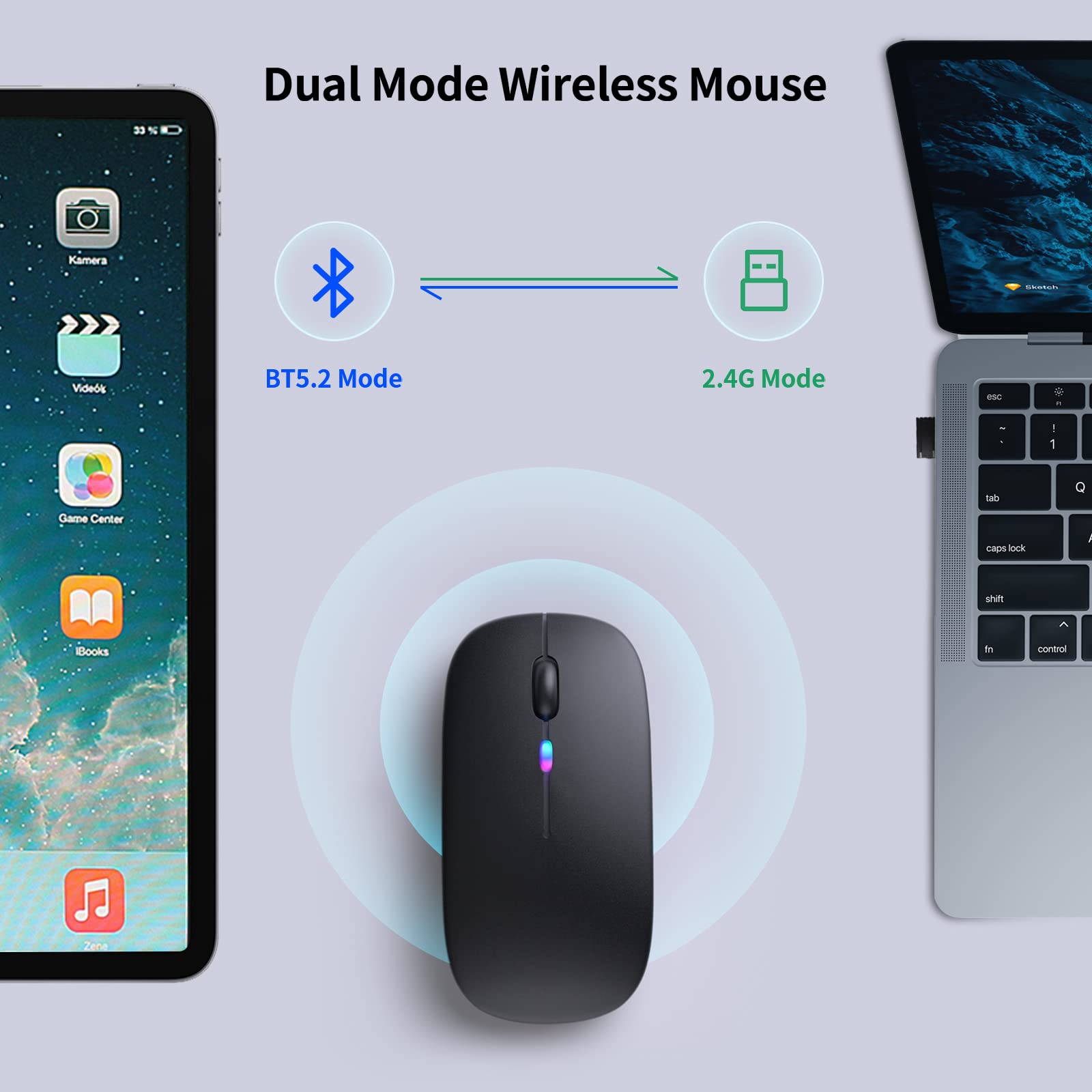 Wireless Bluetooth Mouse – Rechargeable, Silent, Dual Mode (Bluetooth 5.2 & USB) with LED Lights – Portable for Laptop, Desktop, & Tablet(Black)