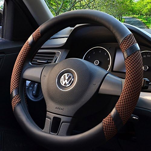 INEBIZ Cool Viscose Fiber and Leather Car Anti-Slip Steering Wheel Cover, 15" Uniersal Fit (Brown)