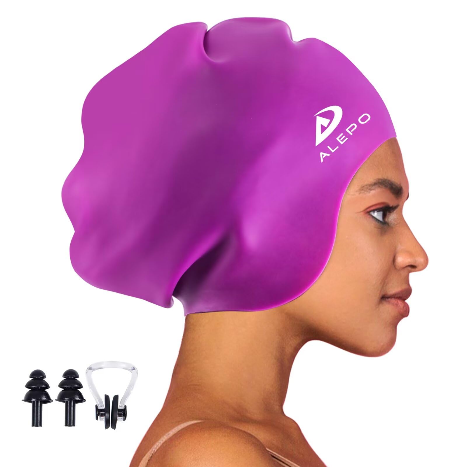 Alepo Extra Large Swimming Cap Women Men, Durable Silicone Swimming Hat Long Hair with Ear Protection, Unisex Adults Swim Caps for Long Thick Curly Hair & Dreadlocks Braids Weaves Afro Hair