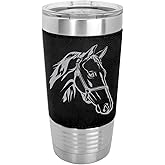 LaserGram 20oz Horse Head Tumbler, Black Faux Leather Wrap, Double Wall Vacuum Insulated Stainless Steel with Sipping Lid