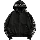 BEAUDRM Men's Letter Graphic Hoodie Zip Up Y2K Fleece Sweatshirt Jacket Unisex Long Sleeve Hooded Sweatshirts Coat Streetwear