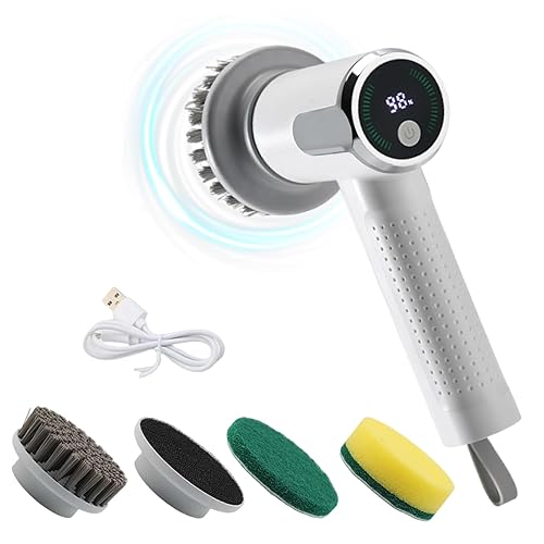 DaMohony Electric Spin Scrubber, Cordless Cleaning Brush with LED Display, 2 Speeds Handhold Power Scrubber with 3 Replacement Heads for Floor, Kitchen, Bathtub