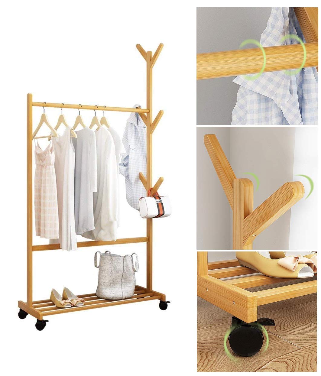 Buy Lukzer Single Rail Bamboo Coat Hanging Rack with 6 Side Hook Tree