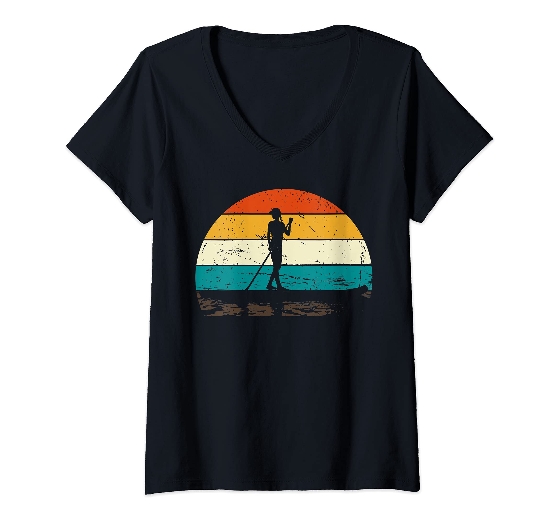 Womens Paddleboarder Stand Up Paddleboard Outdoor Sports Retro SUP V-Neck T-Shirt