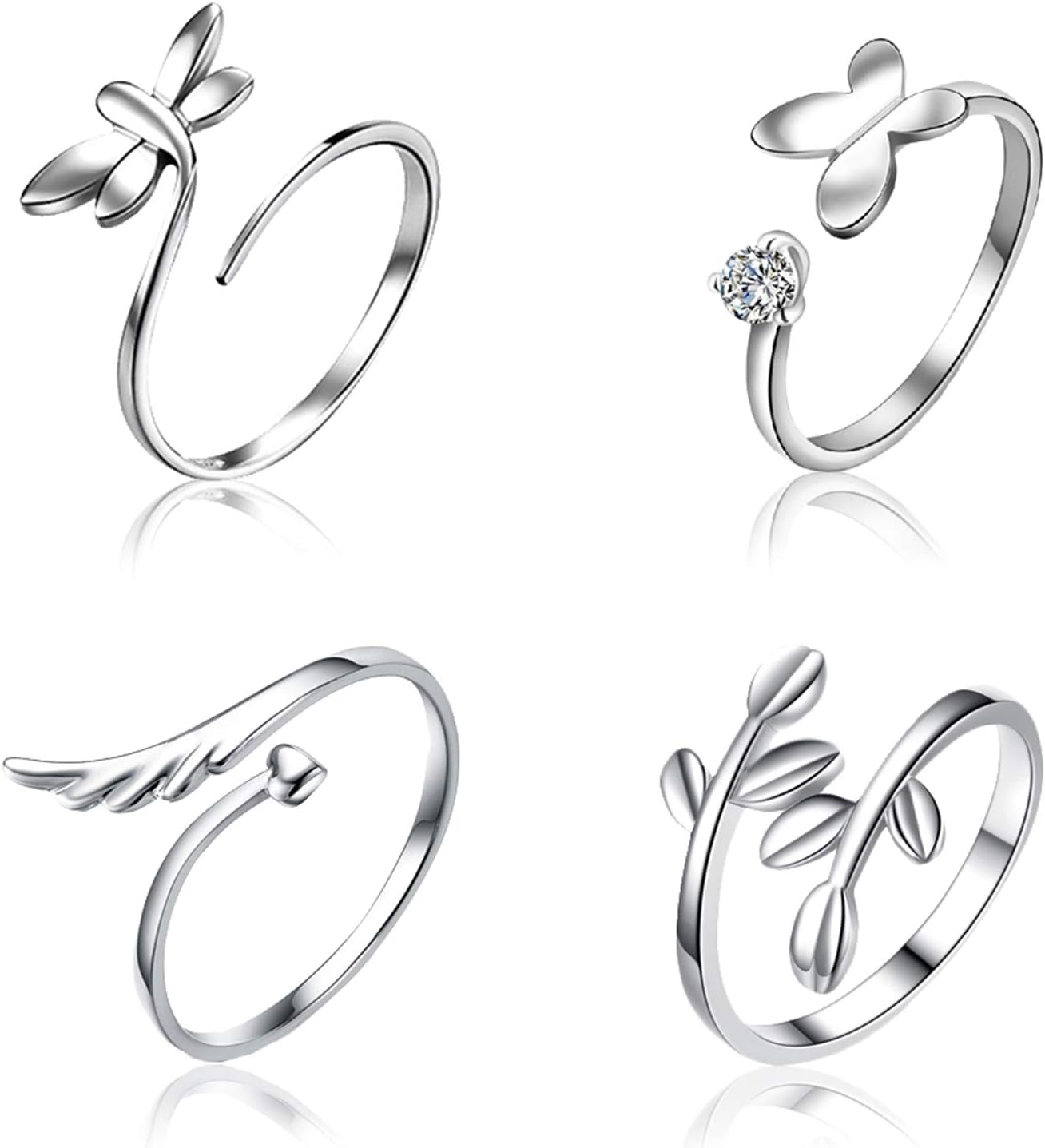 SwirlColor Silver Rings for Women Open Adjustable Ring Wing Dragonfly Leaf Butterfly Ring 4pcs, with Jewelry Box 1pcs