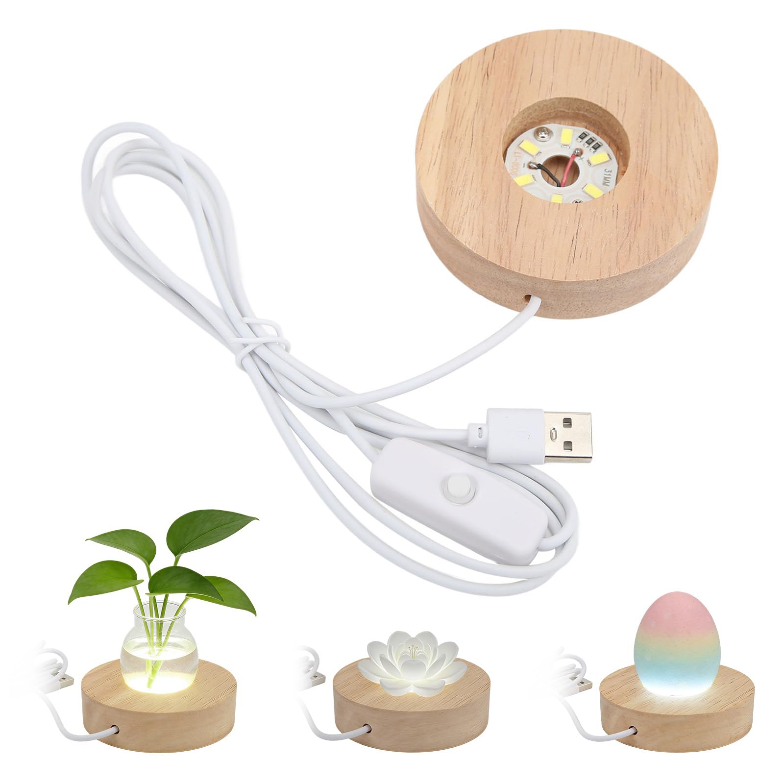 Hapivida LED Light Base, Elegant Oak Wooden USB-Powered Display Stand with 3 Lighting Modes 8cm Round Base Plate for Crystal Glass Art Home Decor Display