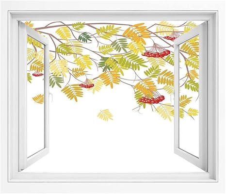 Amazon ナナカマド ウォールステッカー 90x60 Cm カラフルな秋の季節のテーマフルーツと乾燥した葉の鮮やかなナナカマドの木グラフィック装飾 壁紙 簡単壁紙シール 風景 景色ステッカ多色 ウォールステッカー オンライン通販