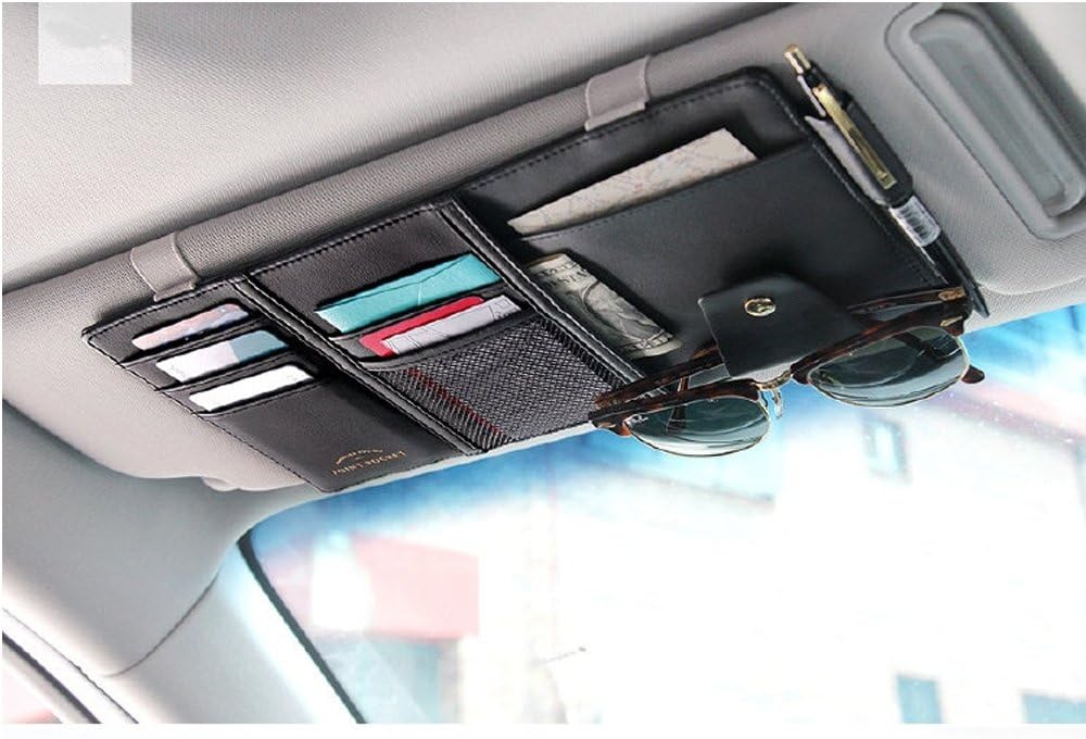Multifunction PU Car Sun Visor Storage Bag Auto Glasses Ticket Documents Folder Mobile Phone Organizer - Black