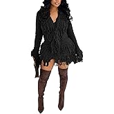 LETSVDO Women's 2 Piece Skirt Set Long Sleeve Tie Front Fringe Knit Sweaters Tassel Mini Skirt Sexy Fall Club Outfits