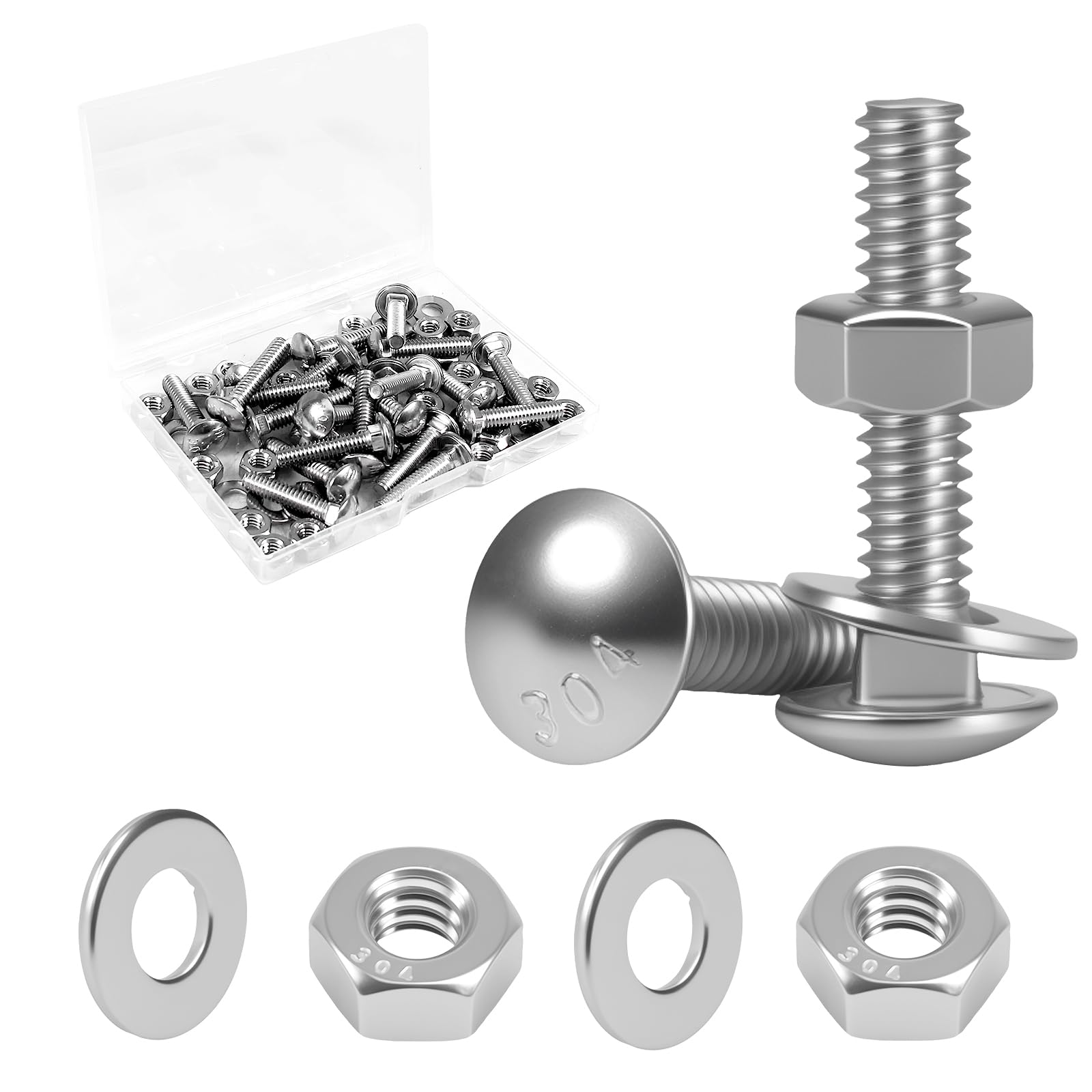 Photo 1 of 1/4-20 x 1-1/4" Carriage Bolt Kit, 24 Sets Carriage Screws with Hex Nuts and Flat Washers, Stainless Steel 18-8(304) Round Head Square Neck Screw, Fully Threaded, Coarse