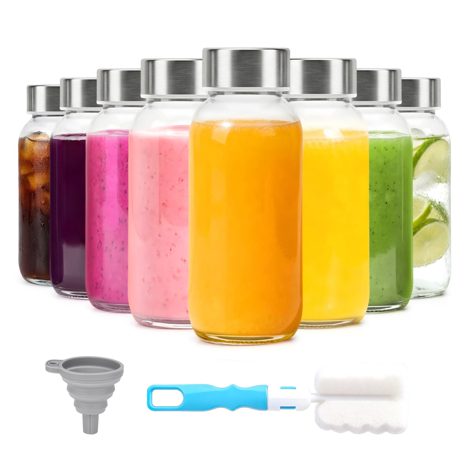 Luxfuel 8 oz Glass Water Bottles with Lids, 8 Pack Small Glass Juice Bottles with Stainless Steel Caps & Funnel, Leak-Proof Containers for Juicing, Milk, Ginger Shots, Smoothies, Wellness Drinks Image