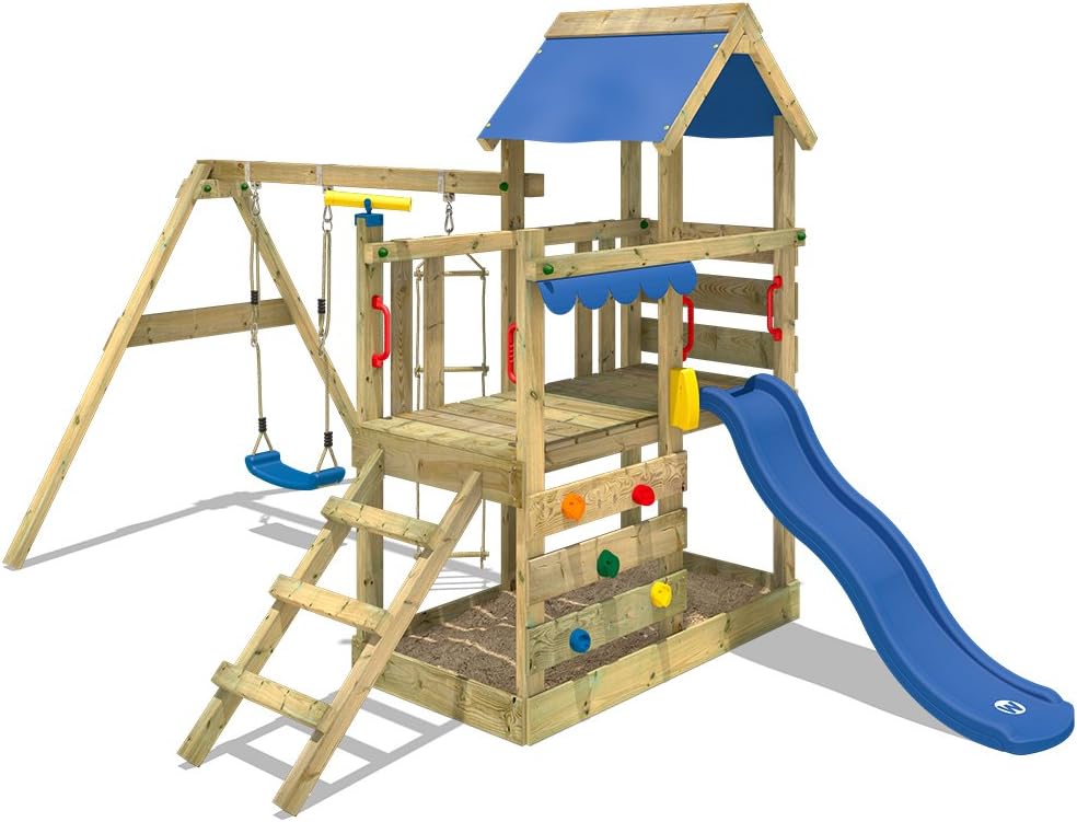 WICKEY Parque infantil de madera TurboFlyer con columpio y tobogán azul, Torre de escalada da exterior con arenero y escalera para niños