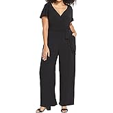 RED DOT BOUTIQUE 701 - Plus Size Mesh Long Sleeve V Wrap Neck Wide Leg Pants One Piece Jumpsuit