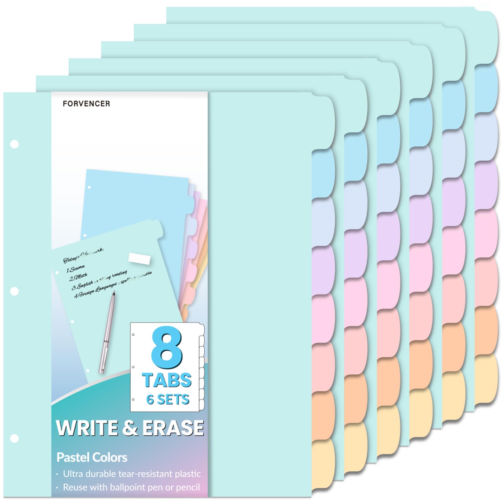 Photo 1 of Forvencer 48Pcs/6Set Binder Dividers with Big 8 Tabs, Write&Erase Plastic Dividers for 3 Ring Binder, Tab Divider with Sticker Labels for Student, Teacher, Office, Home Organizers, School Supplies