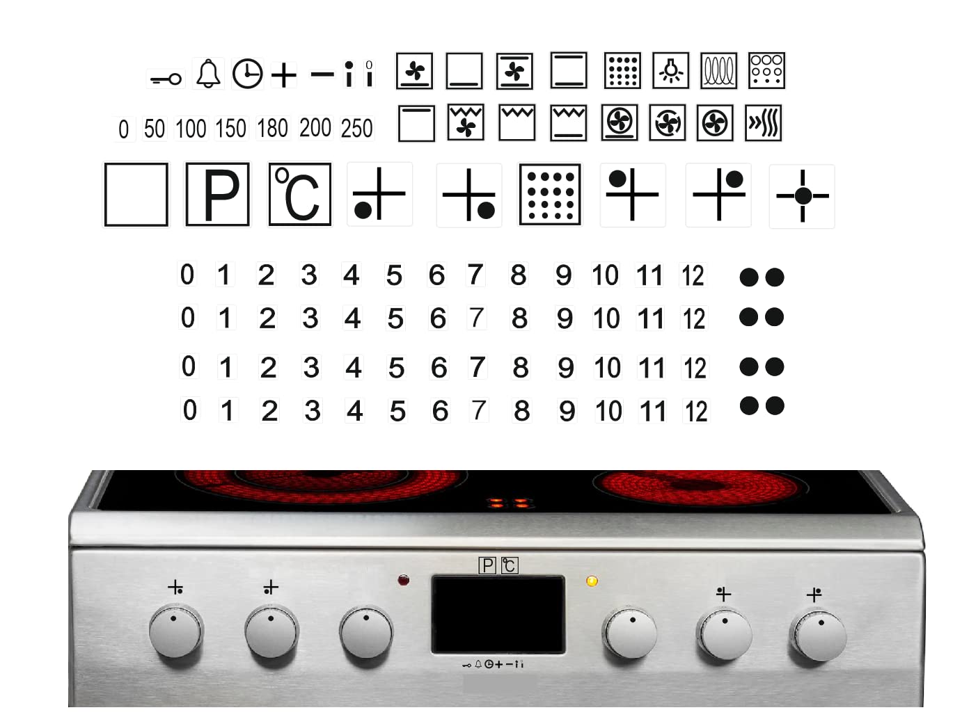Cooker Sticker Set Cooker Symbols Sticker Labelling of Blurred Hob Symbols (RP45) (Black Symbols on Transparent Background)