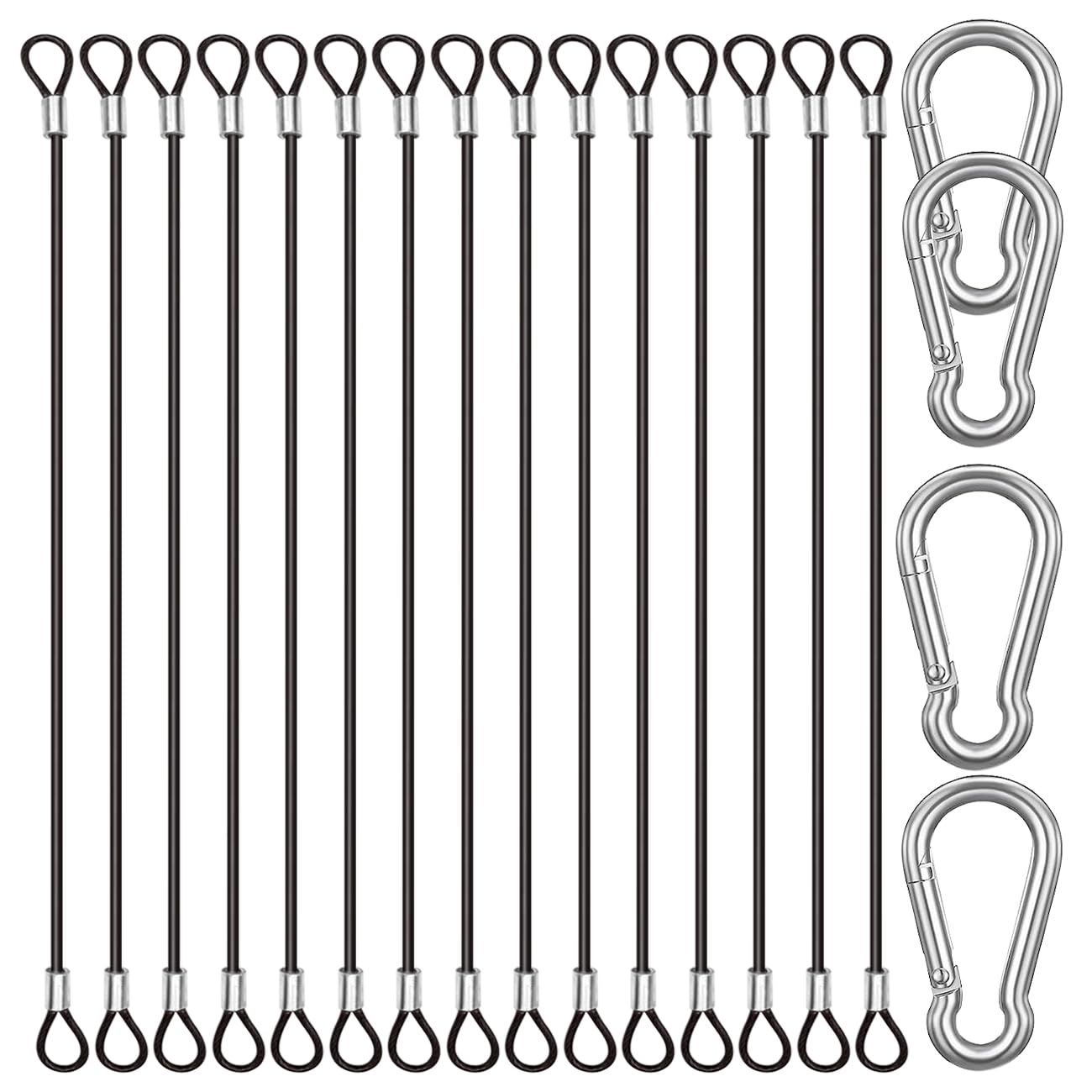 CKANDAY 15 Pack 8 Inch(20cm) Safety Stainless Steel Tethers with 4 Pcs Spring Snap Hook Clips, Steel Wire Cable with Loops Vinyl Cover Coated Short Rope Lanyard Lock Safety Tether Chains, Black — image 1
