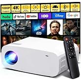 White Smart Movie Mini Projector with WiFi and Bluetooth | Built-in Apps, Auto Focus &amp; Keystone,1080P 4K Support,Portable Small Outdoor Projector for Bedroom 32"-150"Screen 260 ANSI