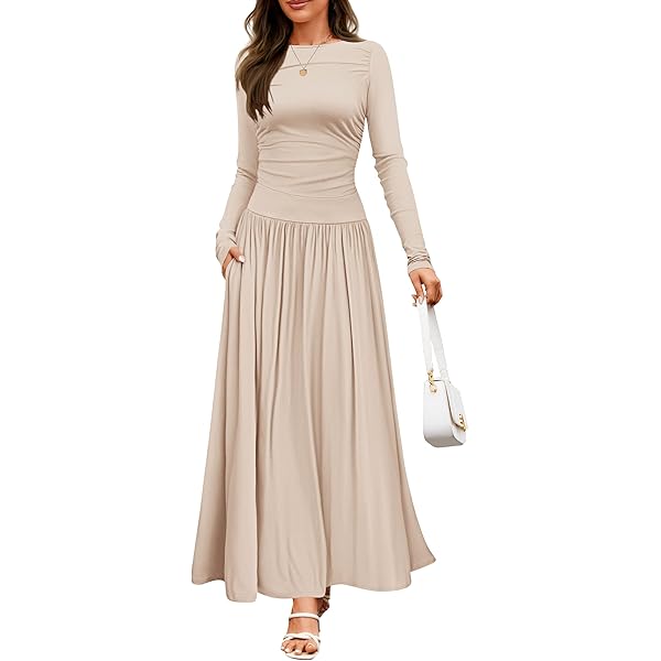 fitted lace wedding dress Narecte Fall Dresses for Women Maxi Dresses Solid Color Boho Formal Dress  Flare Sleeve Bodycon Dress Apricot S at Amazon Women's Clothing store main image 1