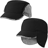 Suhine 2 Pcs Winter Hat for Men with Visor Warm Earflaps Hat Lined Faux Fur Lined Hunting Trapper Baseball Hat Black