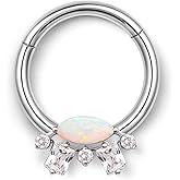 BodyBonita 16G Opal Septum Rings CZ, 316L Surgical Steel Septum Jewelry, Nose Rings Hoops Clicker, Helix Tragus Rook Daith Piercings for Women Men Silver/Gold 8 mm