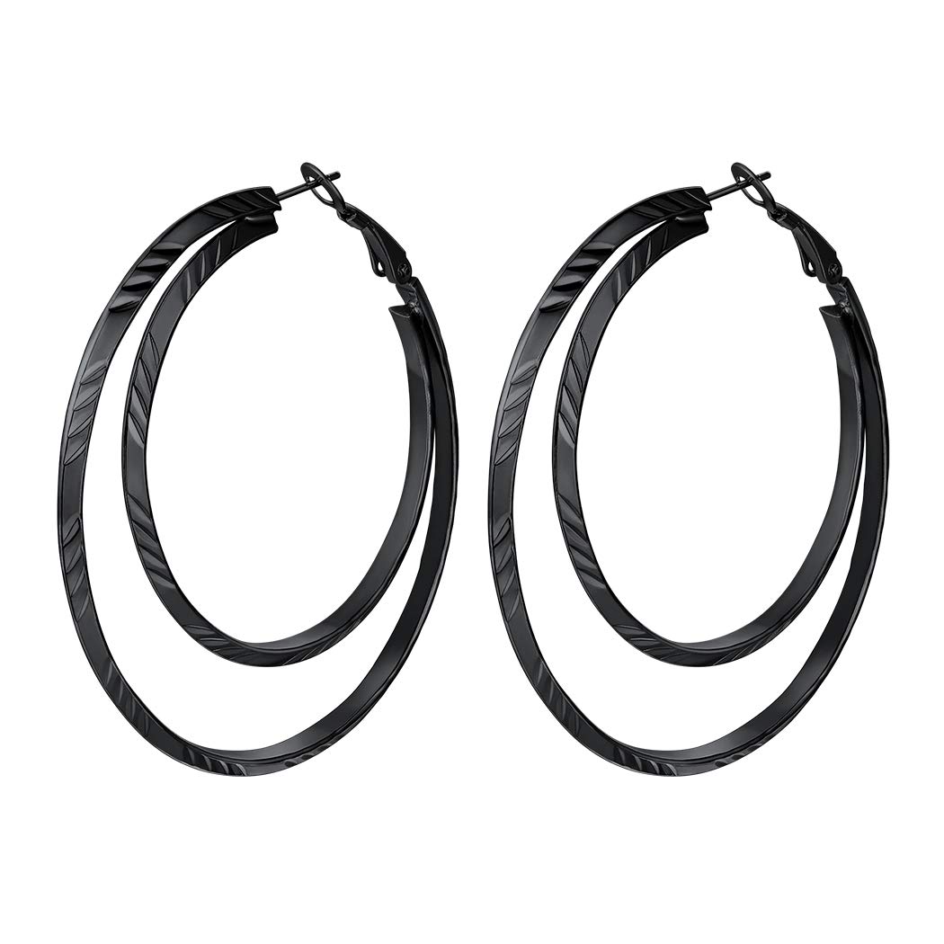 Stainless Steel Medium Double Circle Hoop Earrings 60mm Statement Rock Punk Jewelry Black Geometric Round Dangle Earrings for Women