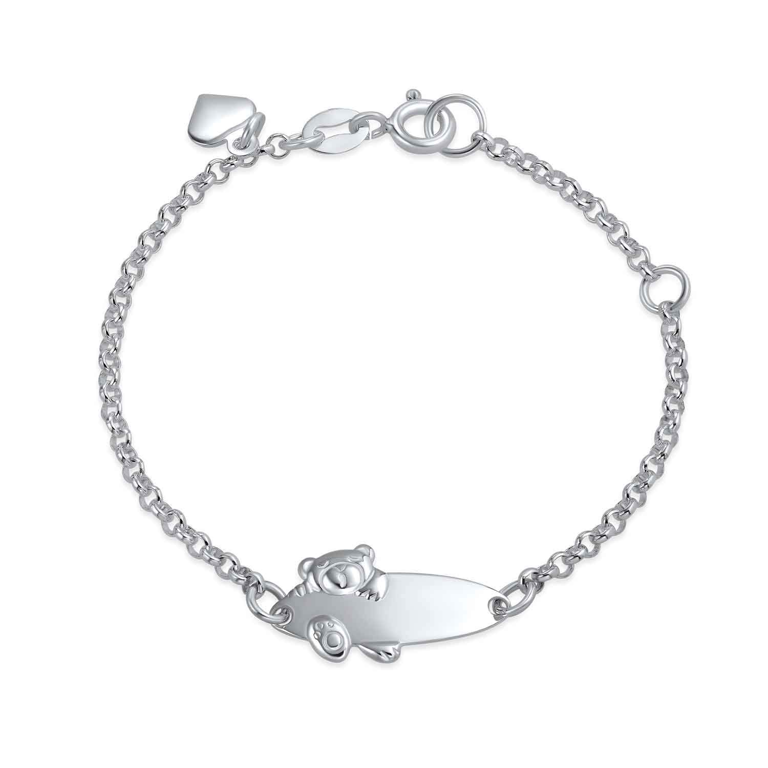 Bling Jewelry Engravable Name Plated Teddy Bear ID Identification Bracelet For Women For Teen .925 Silver Sterling Small Wrists 5-6 Inch