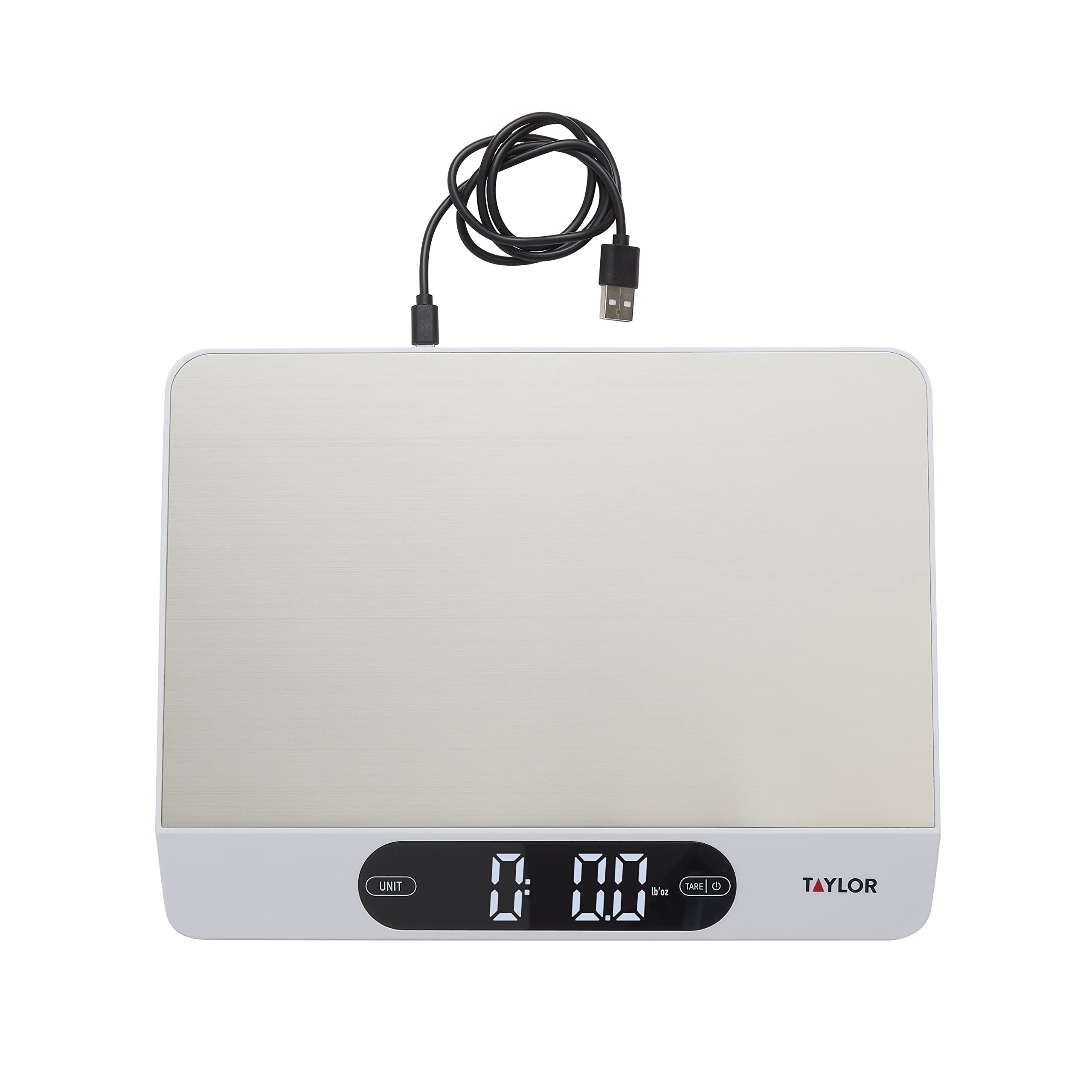 Photo 1 of Taylor 22LB High Capacity Kitchen Food Scale with Stainless Steel Surface, Backlit Display, and USB Recharging Cord Included, White