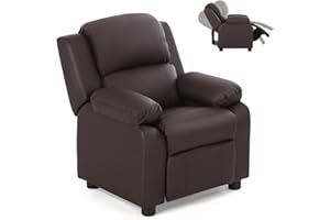 Costzon Kids Recliner, Leather Recliner Chair w/Footrest, Armrest Storage, Headrest & Lumbar Support, Ergonomic Lounge Chair for Living & Gaming Room, Adjustable Recliner Sofa for Boys Girls (Brown)