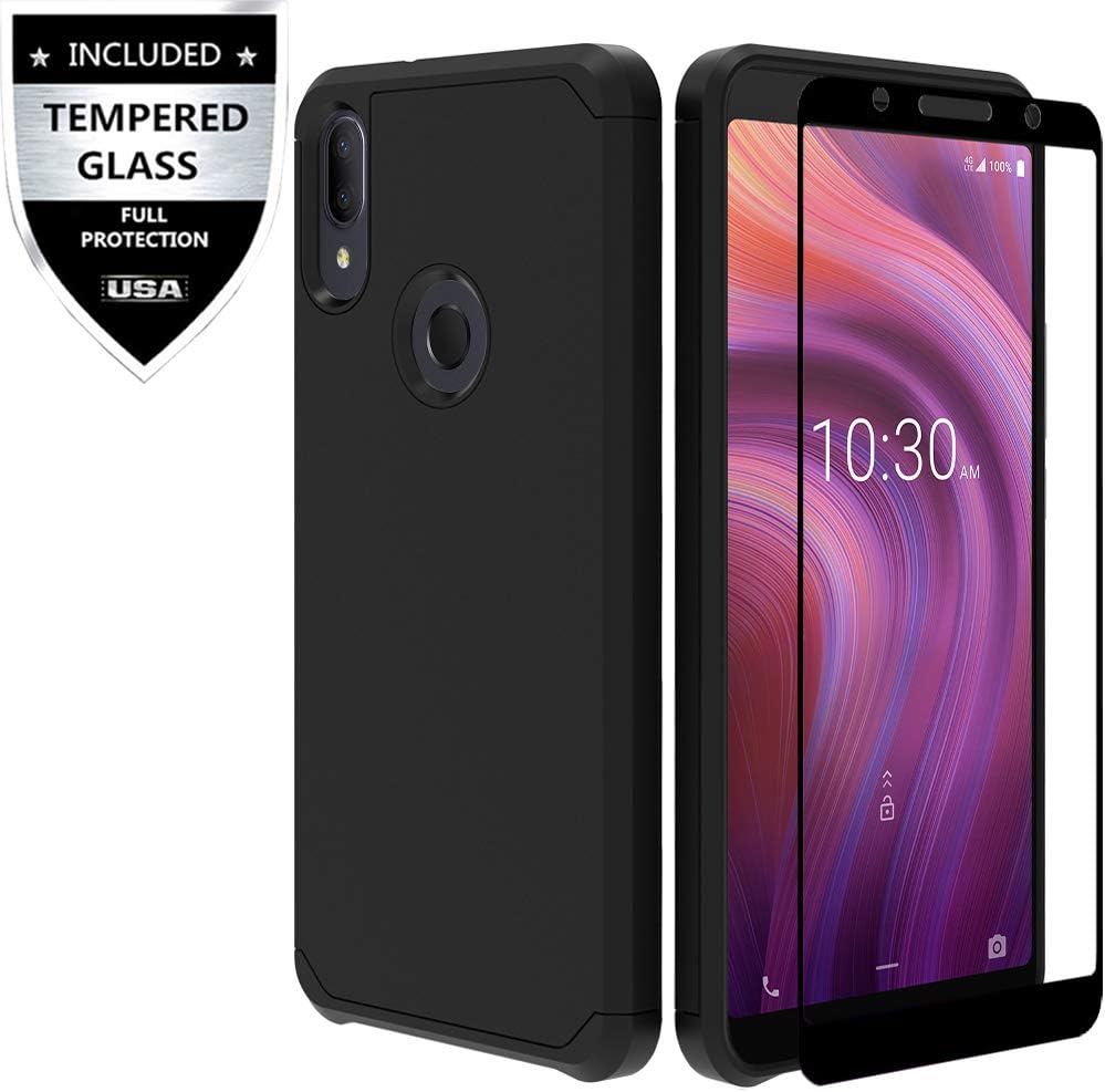 Alcatel 3V 2019 Case with Tempered Glass Screen Protector,IDEA LINE Heavy Duty Protection Hybrid Hard Shockproof Slim Fit Cover - Black