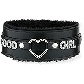 ADEMISHIA Pink Furry Heart O-ring Leather Choker Collar For Women, Handmade Punk Gothic Letter Necklace Adjustable Fashion Jewelry