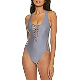 BECCA Women's Standard Color Sheen One Piece Swimsuit, Plunge Neck, Sexy Satin, Bathing Suits