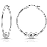 Hoops & Loops 925 Sterling Silver Beaded Ball Hoop Earrings, 30mm Three Beads Click-Top Hoops for Women | Silver, 14k Gold Yellow & Rose Gold Flash Plated