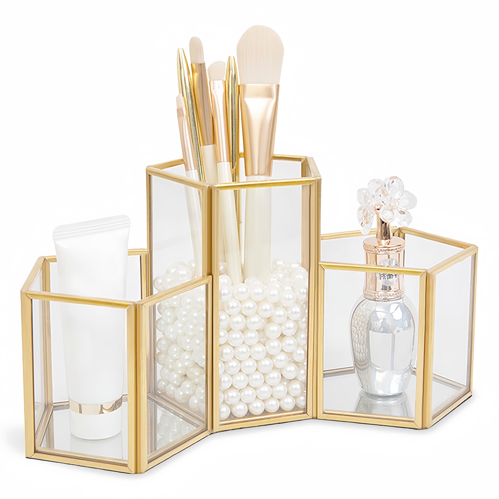 HARLIANGXY Makeup Brush Holder Glass, Cosmetic Organizer Storage Box, Vintage Cosmetic Brush Holder Gold for Makeup Brushs Lipstick Lip Gloss Eyeliner