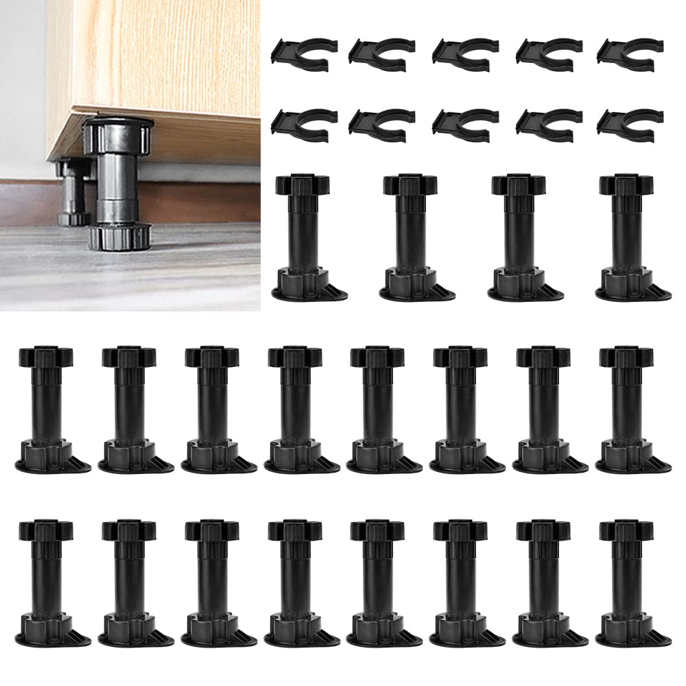 WANTOUTH Furniture Feet 20Pcs Adjustable Height Plastic Cabinet Cupboard Foot Leg Kitchen Unit Cabinet Legs black plastic adjustable feet with 10Pcs Kick Board Clips for Kitchen Bathroom Cabinet