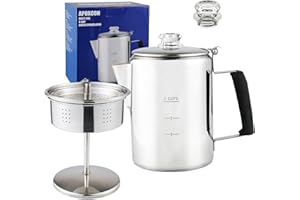 APOXCON Multi Use Percolator Coffee Pot Stainless Steel Stove Top Coffee Maker with Two Borosilicate Glass Knob Silica Handle Camping Coffee Pot Using on Campfire Stove & Induction Cooker Silver 9 Cup