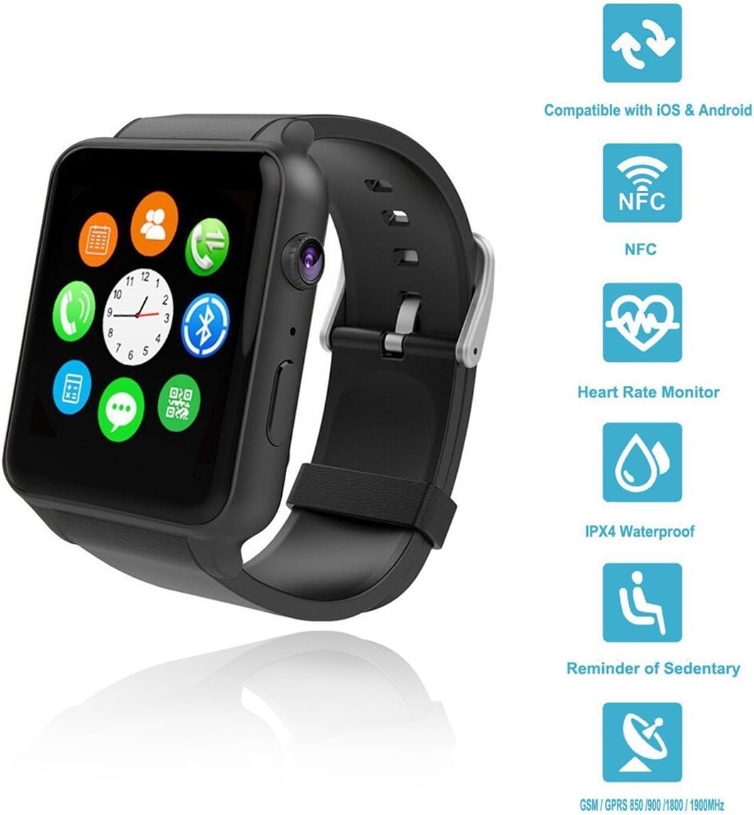 Wingtech GT88 Bluetooth Smart Watch Touch Screen IP57 Rainproof Smart Wrist Watch with Camera Sim Card Slot Sport Heart Rate Monitor Compatible with iOS Android Smartphones (Black)