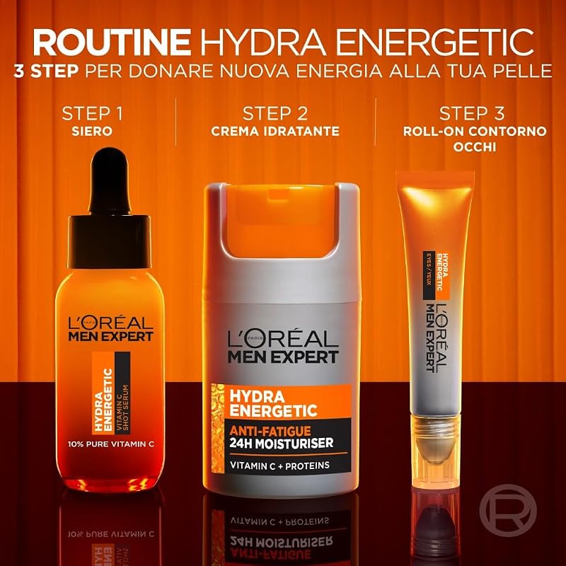 L'Oréal Paris Men Expert Crema Idratante Anti-Fatica Uomo, Pelle Rivitalizzata, Levigata e Idratata, Occhiaie e Rughe Sottili Ridotte, Arricchita con Proteine e Vitamina C, Hydra Energetic, 50 ml