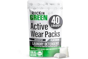 Rockin' Green Laundry Detergent Pods, Plant-based, All Natural, Vegan & Biodegradable Odor Fighter, Safe for Sensitive Skin (Unscented, Active Wear 40 Pods)