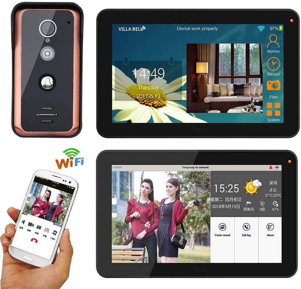 DYWLQ 9 inch WiFi Video Door Phone Doorbell Versión mejorada Intercom Entry System with HD IR Camera,2-Monitor,Night Vision,Remote APP intercom,Unlocking,Recording,Snapshot